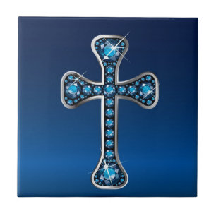 Christian Cross with "Aquamarine" Stones Tile