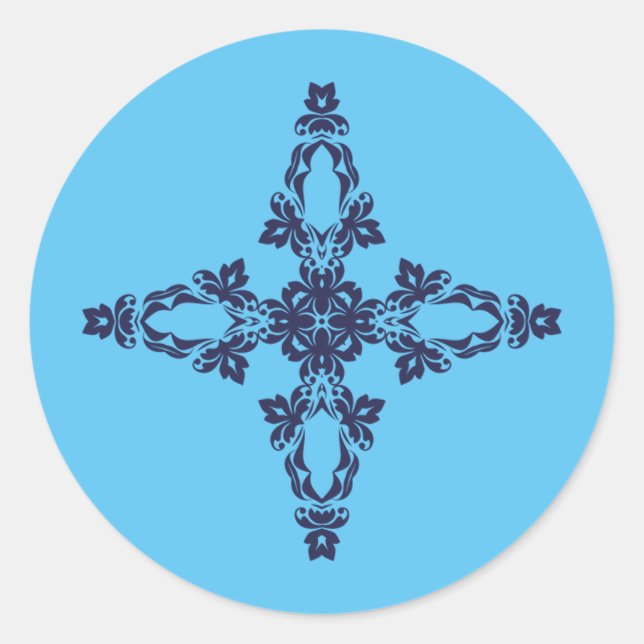 Christian Cross with Blue Ornament Classic Round Sticker (Front)