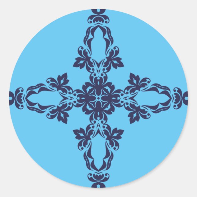 Christian Cross with Blue Ornament Classic Round Sticker (Front)