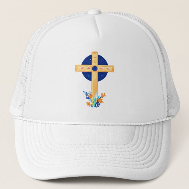 Christian Cross with Flowers Trucker Hat (Front)