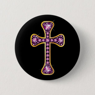 Christian Cross with "Garnet" Stones 6 Cm Round Badge