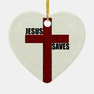 Christian Cross with Jesus Saves Ceramic Tree Decoration