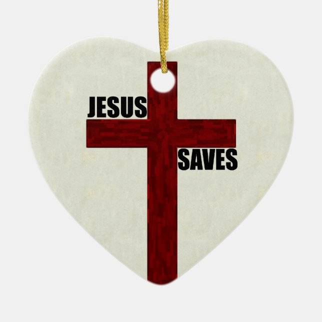 Christian Cross with Jesus Saves Ceramic Tree Decoration (Front)