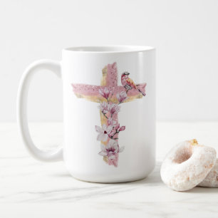 Christian cross with pink magnolias  coffee mug