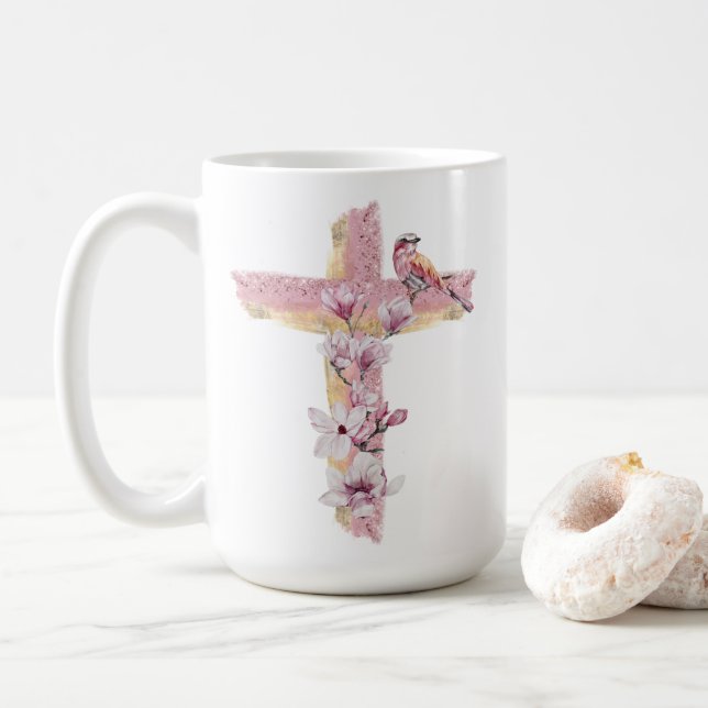 Christian cross with pink magnolias  coffee mug (With Donut)