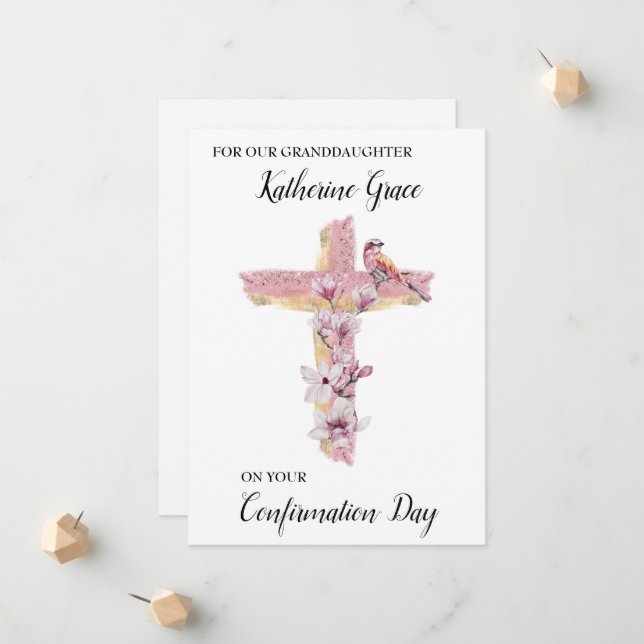 Christian cross with pink magnolias personalised c announcement (Front/Back In Situ)