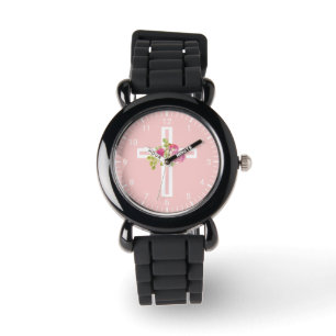 Christian Cross with Pink Roses Floral Watch