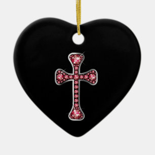 Christian Cross with "Ruby" Stones Ceramic Tree Decoration