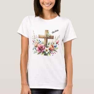 Christian Cross with Vibrant Floral Arrangement T-Shirt