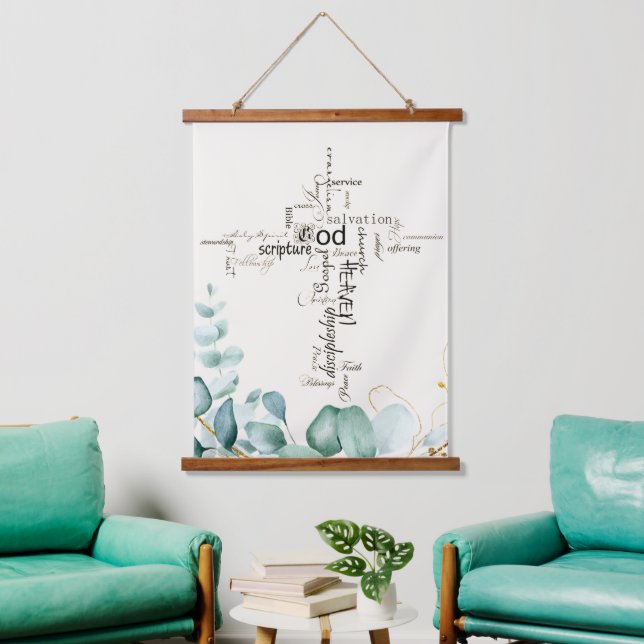 Christian cross words collage greenery hanging tapestry (Living Room)