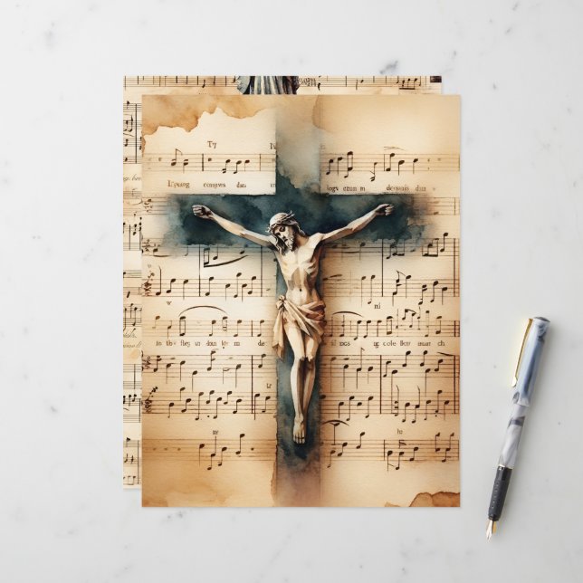 Christian Crucifix Vintage Scrapbook Paper (Front/Back In Situ)