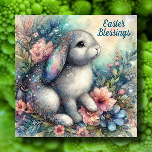 Christian Easter Blessing Bunny Watercolor Flowers Holiday Card