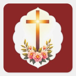 Christian Easter Cross with Flowers – Autocolante Square Sticker