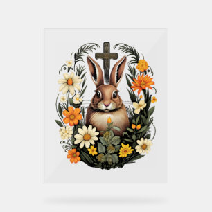 Christian Easter Day Cross Easter Bunny Rabbit Acrylic Sign