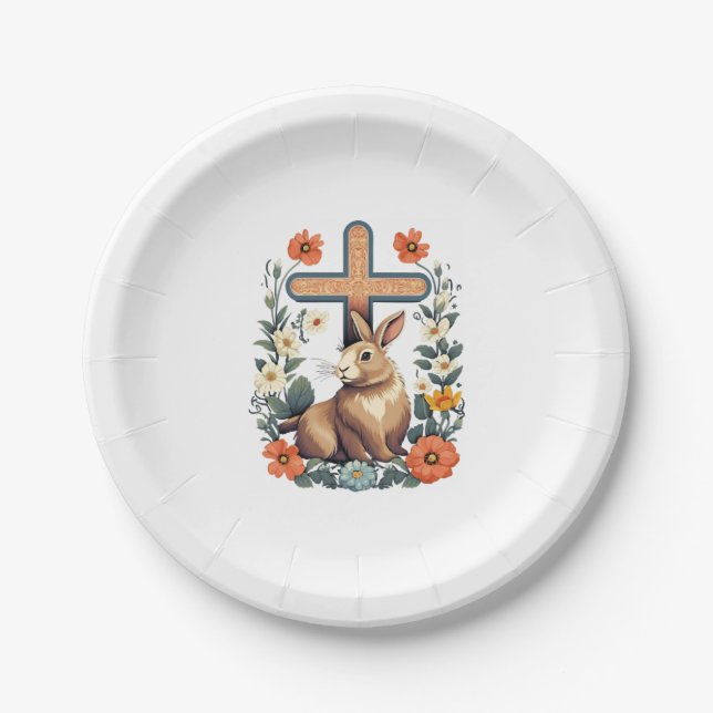 Christian Easter Day Cross Easter Bunny Rabbit  Paper Plate (Front)