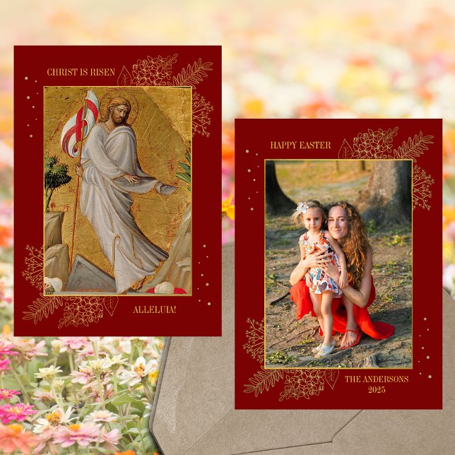 Christian Easter Jesus Resurrection Family Photo Holiday Card (Religious Christian Catholic Easter Jesus Christ Resurrection Family Photo Red Gold Holiday Card)