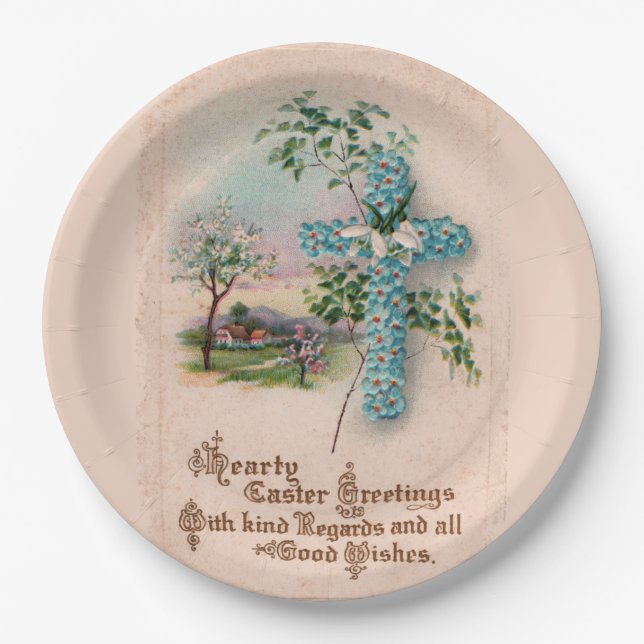 Christian Easter Paper Plates | Blue Flowers Cross (Front)