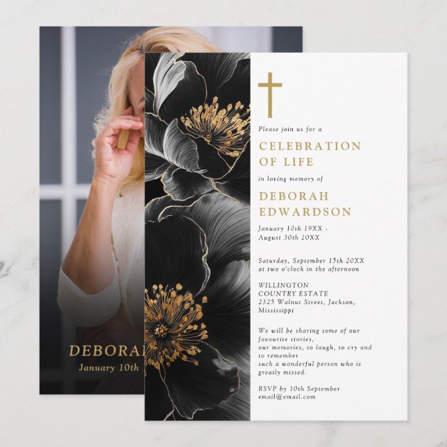 Christian Elegant Floral Celebration Of Life Photo Invitation (Front/Back)