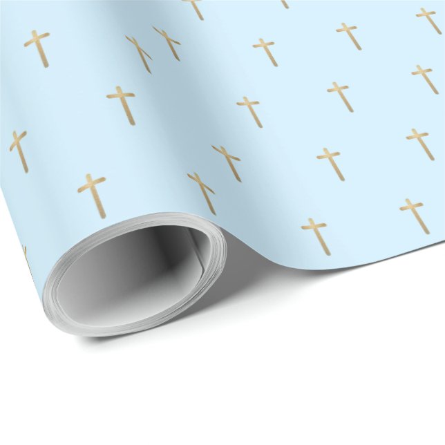 Christian Event Faux Gold Cross Pattern Blue Wrapping Paper (Roll Corner)