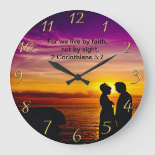 Christian Faith cross with 2 Corinthians 5:7  Large Clock