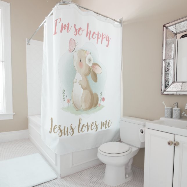 Christian Faith Girls I’m So Hoppy Jesus Loves Me Shower Curtain (In Situ)