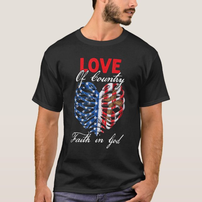 Christian Faith In God Patriotic Heart Cross 4th o T-Shirt (Front)