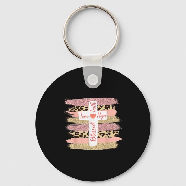 Christian Faith Love Hope Blessed - Cross Cheetah  Key Ring (Front)