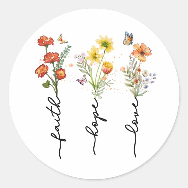 Christian Faith Love Hope Floral Classic Round Sticker (Front)