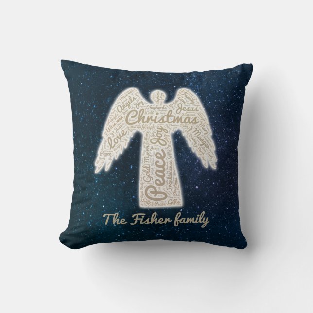 Christian family holiday gold typography angel cushion (Front)