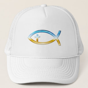 Christian Fish Symbol with Crucifix - Sky & Ground Trucker Hat