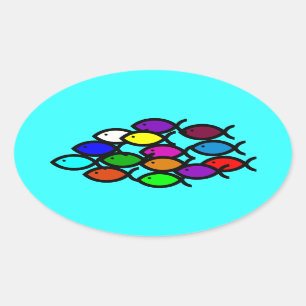 Christian Fish Symbols - Rainbow School - Oval Sticker