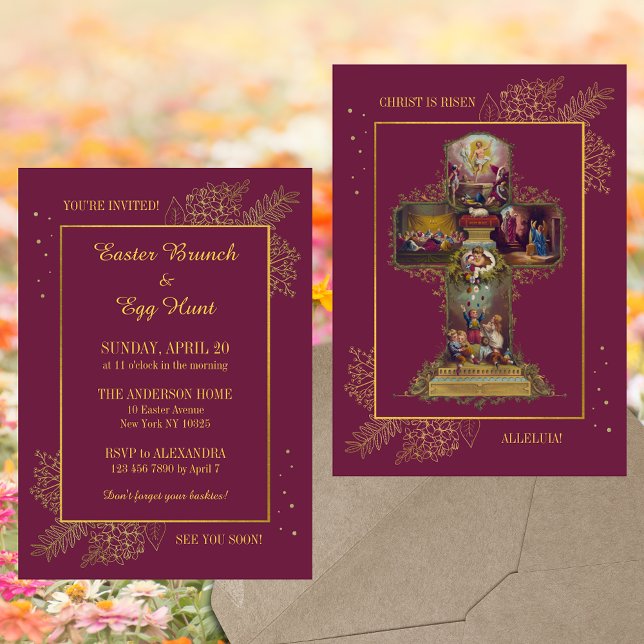 Christian Floral Cross Easter Brunch Egg Hunt Invitation (Purple Religious Christian Catholic Floral Easter Cross Christ is risen Brunch Egg Hunt Invitation)