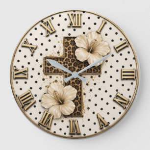Christian Floral Cross Elegant Leopard Print Faith Large Clock