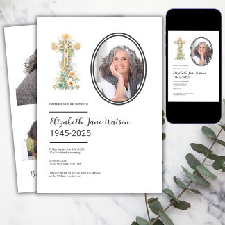  Christian Floral Cross Funeral Photo  Invitation