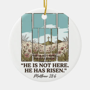 Christian Floral Cross Matthew 28_6 Vintage Ceramic Tree Decoration
