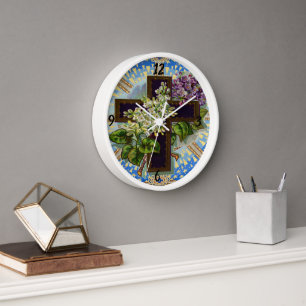 Christian Floral Cross Round Clock