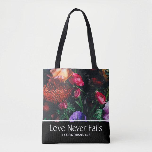 Christian Floral Valentine LOVE NEVER FAILS Tote Bag (Front)