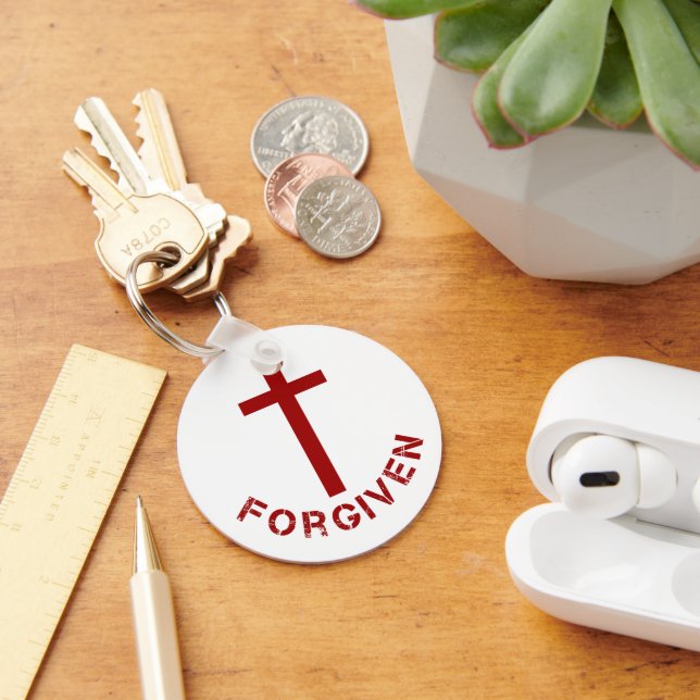 Christian Forgiven Red Cross and Text Design Key Ring (Desk)