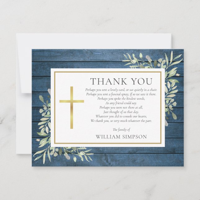 Christian Funeral Blue Rustic Wood Greenery Poem Thank You Card (Front)