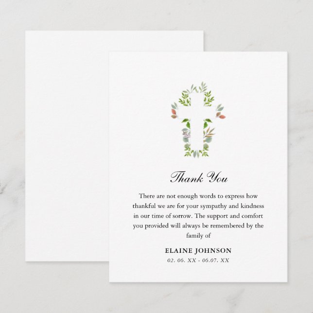 Christian Funeral Greenery Cross Thank you  Card (Front/Back)