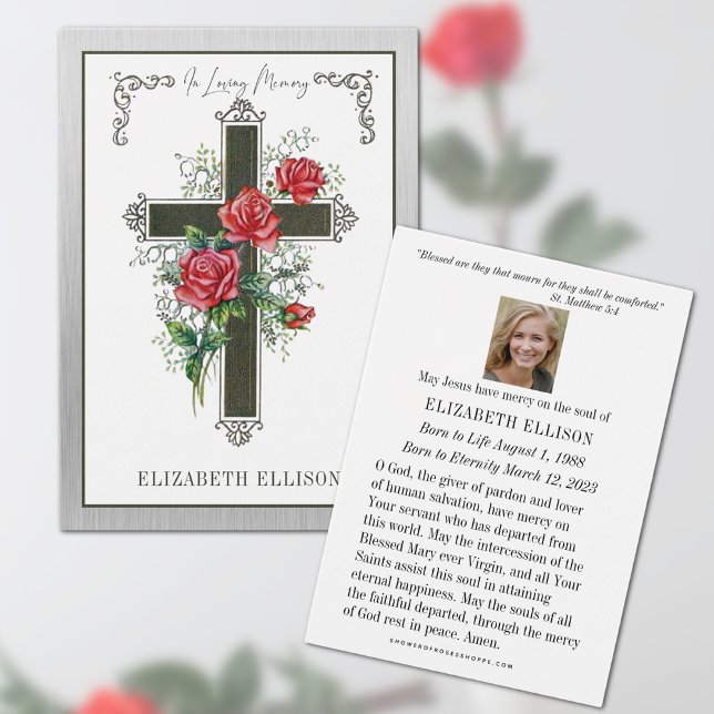 Christian Funeral Memorial Prayer Roses  (Traditional Catholic Funeral Memorial Prayer Card)