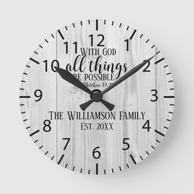Christian Gift Rustic Wood Scripture Family Name Round Clock (Front)
