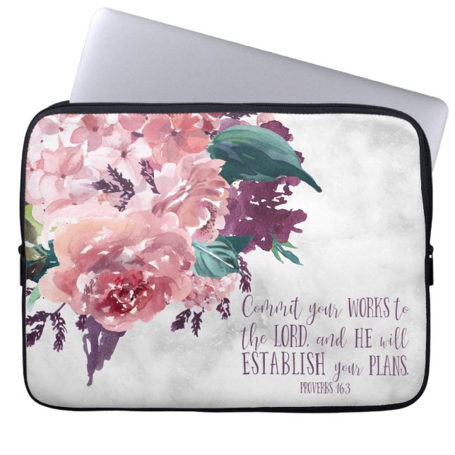 Christian Girly Floral Marble Bible Verse Laptop Sleeve (Front)