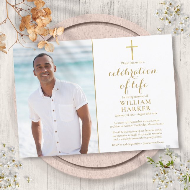 Christian Gold Celebration of Life Funeral Photo Invitation (Christian Gold Celebration of Life Funeral Photo Invitation)