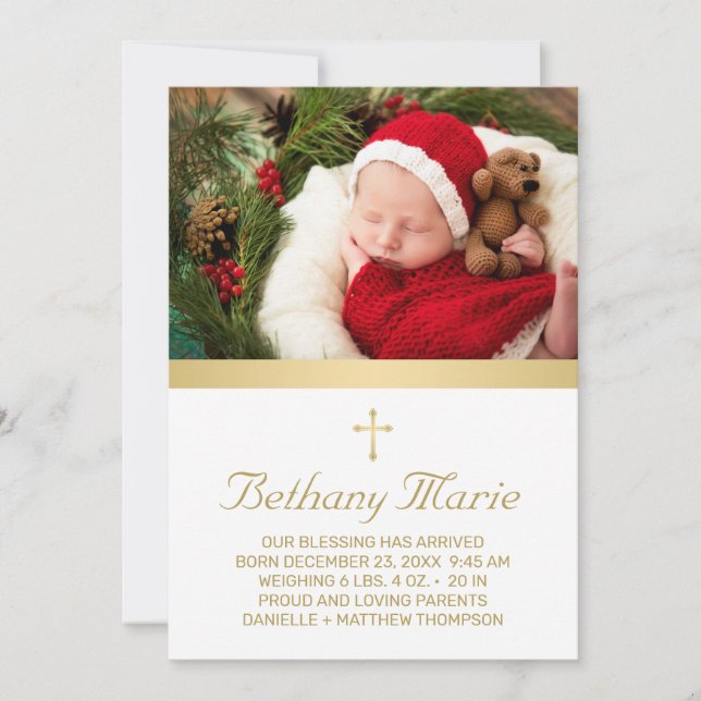 Christian Gold Script Holiday Baby Birth Photo Announcement (Front)