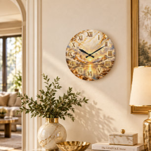 Christian Golden Mountain Sunrise Scenic Roman Num Large Clock