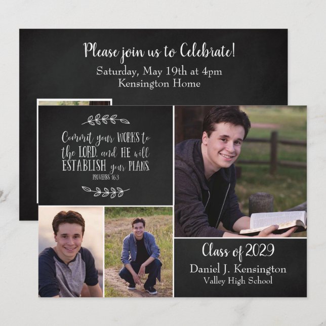 Christian Graduation Bible Verse 3 Photo Collage Invitation (Front/Back)