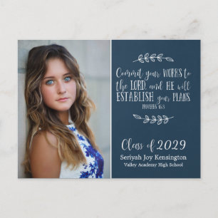 Christian Graduation Bible Verse Typography   Blue Postcard