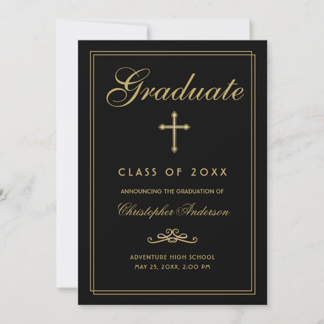 Christian Graduation Black Gold Cross Script Announcement (Front)