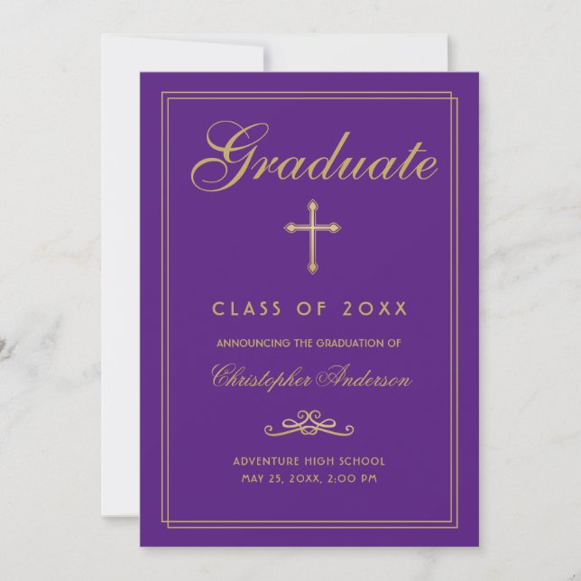 Christian Graduation Purple Gold Cross Script Announcement (Front)